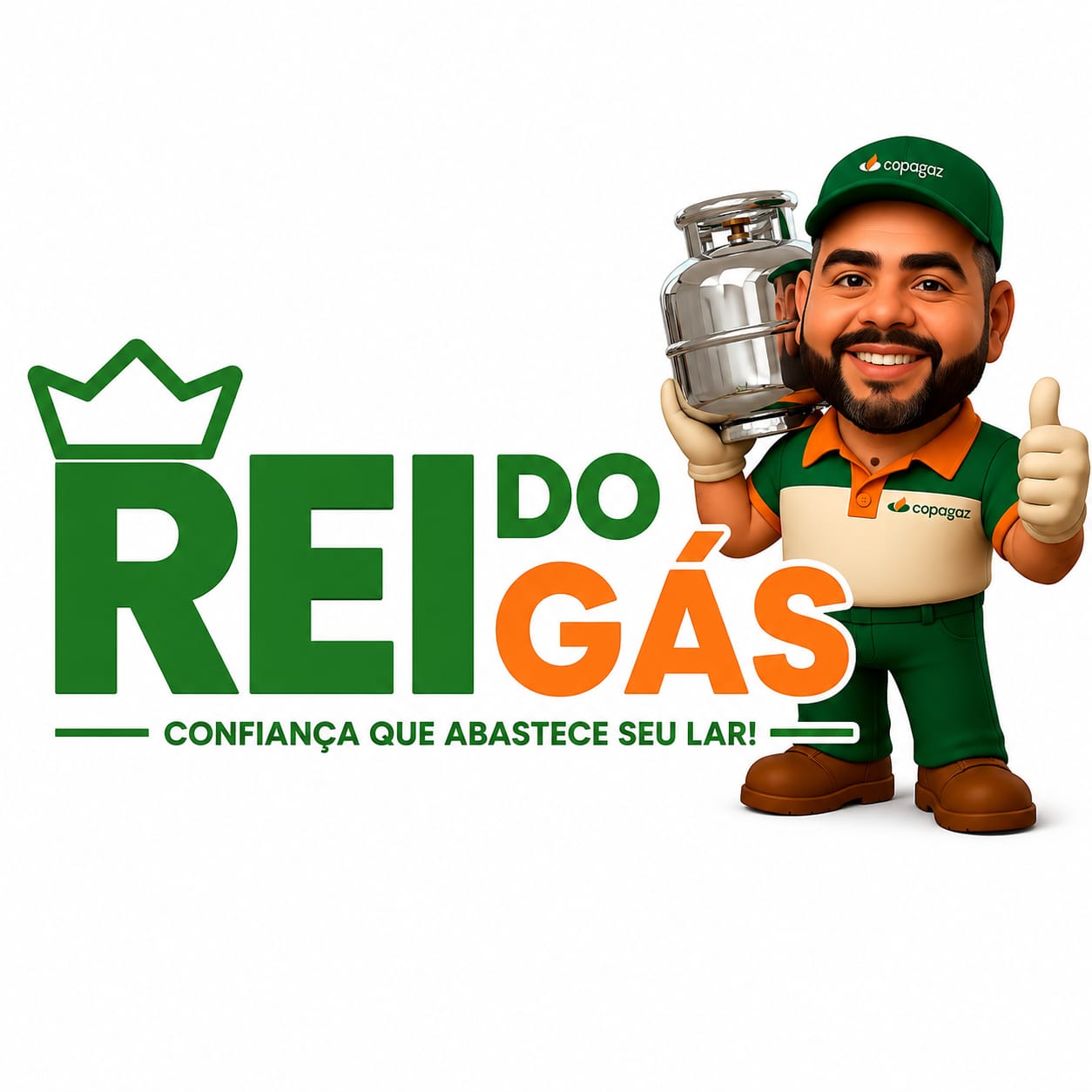 Identidade visual Rei do Gás com personagem usando uniforme Copagaz